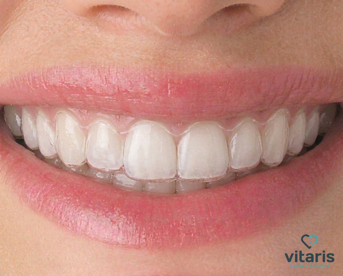 Sorriso em close com alinhadores transparentes sobre os dentes