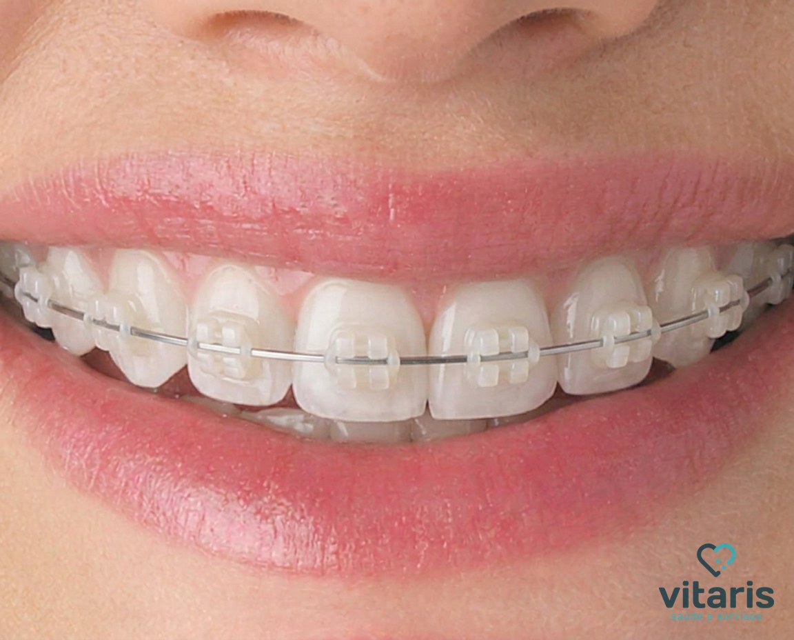 Sorriso com aparelho fixo estético de braquetes discretos