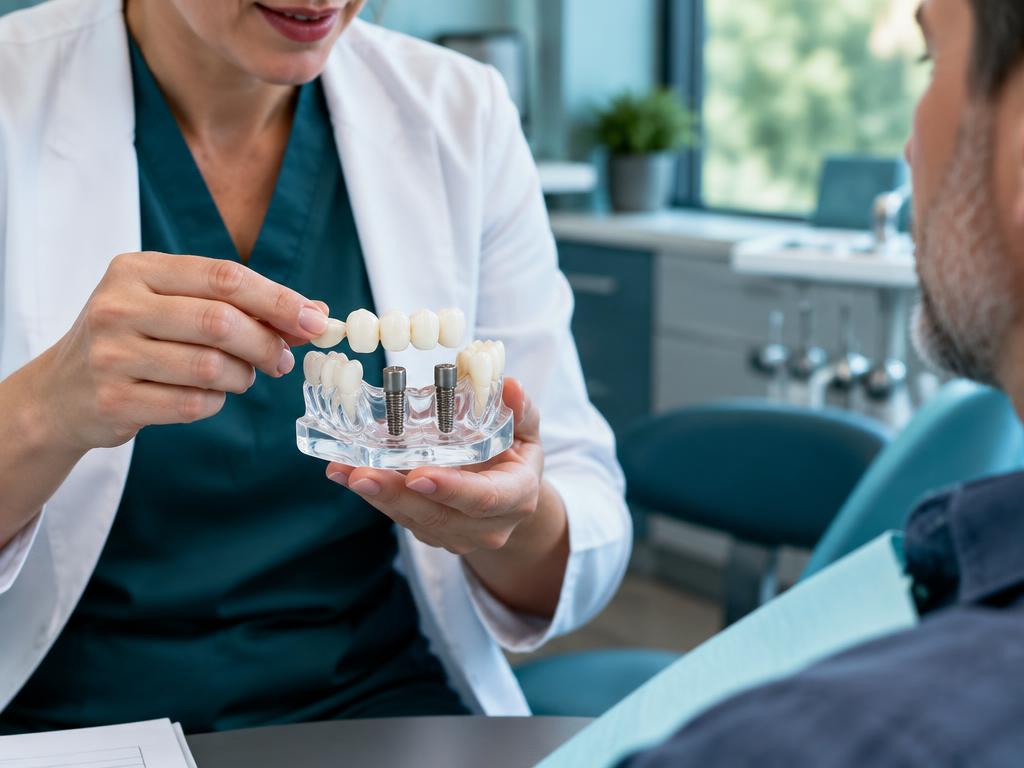 Dentista apresentando uma prótese parcial apoiada em implantes