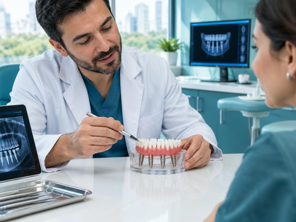 Dentista explicando uma prótese protocolo sobre implantes