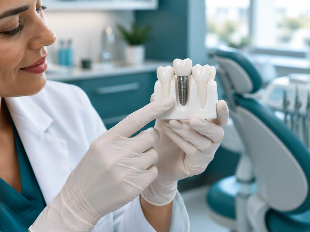 Modelo odontológico ilustrando um implante dentário unitário