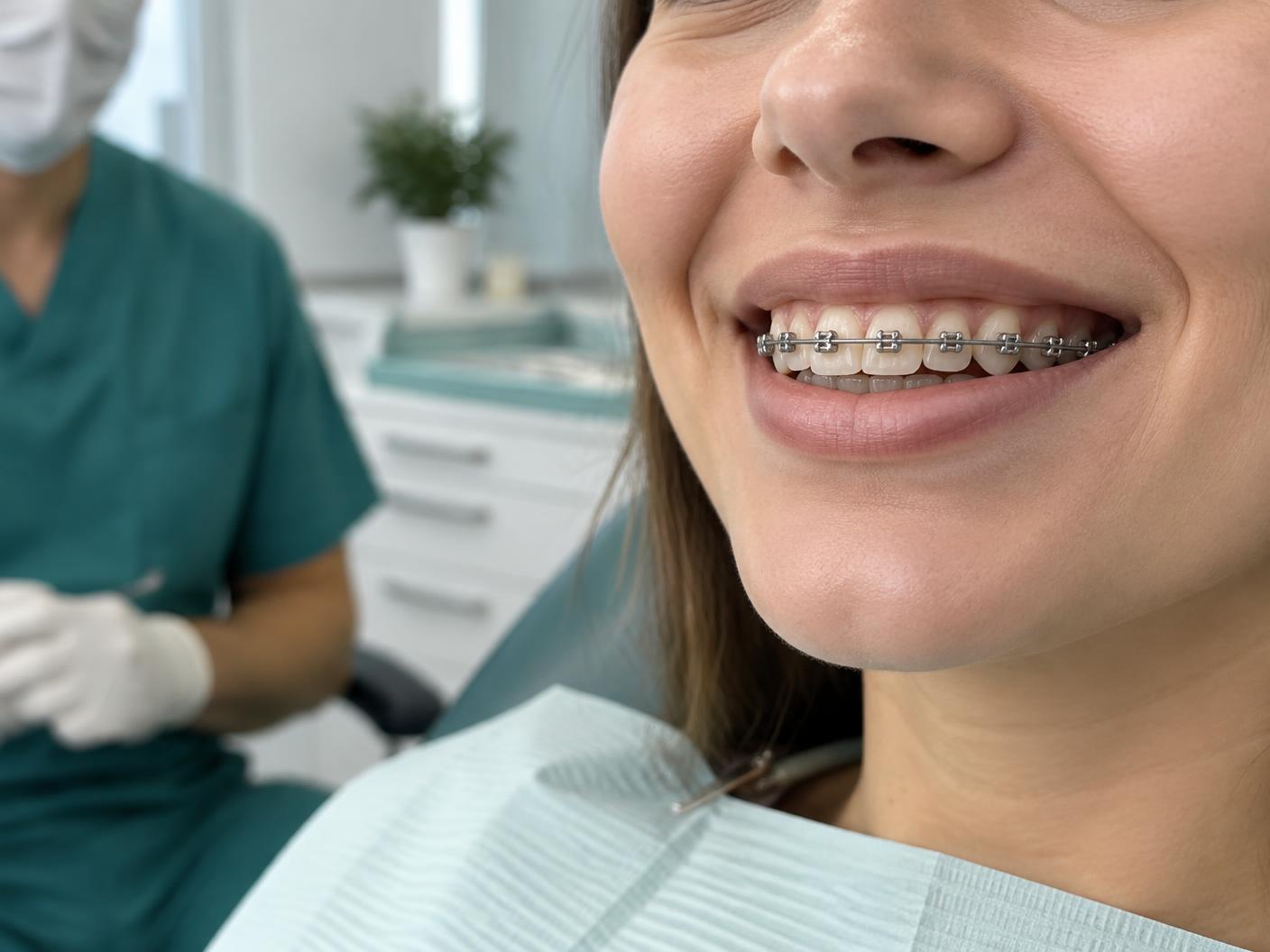 Sorriso natural com aparelho ortodôntico fixo em consultório